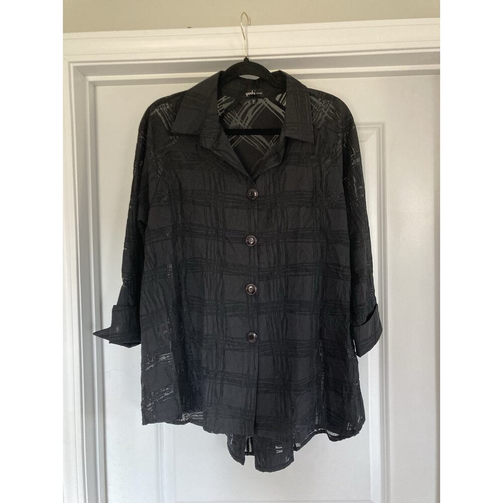 Yushi Button Front Shirt Womens L Black Burnout Lagenlook Artsy A Line